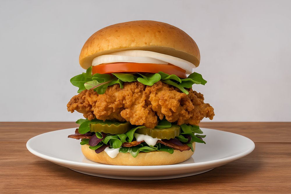 Oyster mushroom sandwich on a plate, stacked with greens, tomato, onion, and pickles