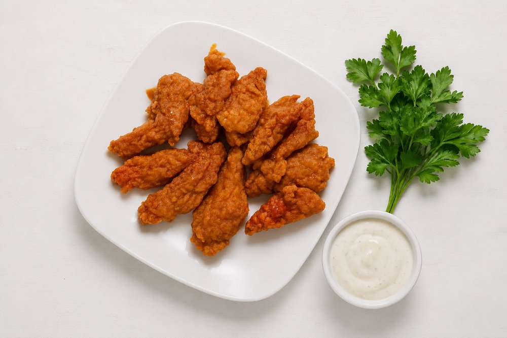 Seitan wings tossed in sauce with a side of Some Good Vegan Ranch